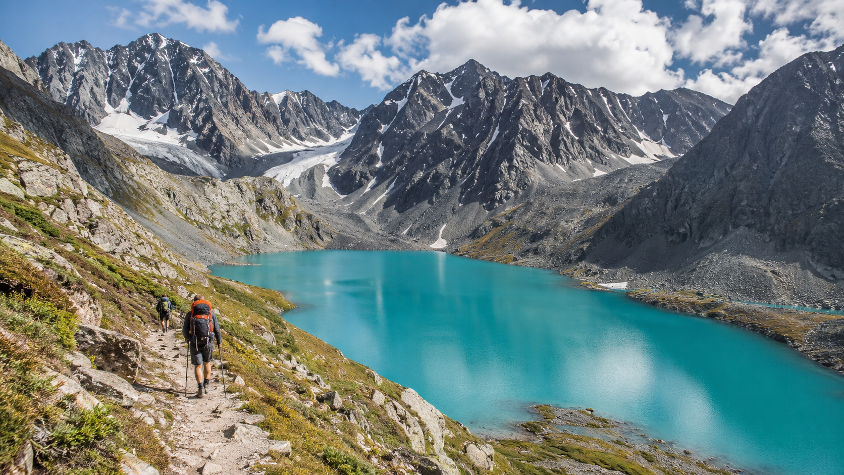 Trekker on a hiking trail in the Tien Shan mountains of Kyrgyzstan